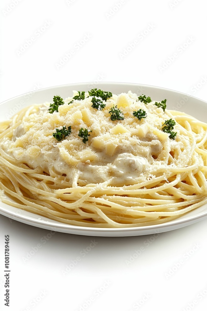 Spaghetti with creamy sauce, cheese, and parsley. Spaghetti with creamy sauce, cheese, and parsley.