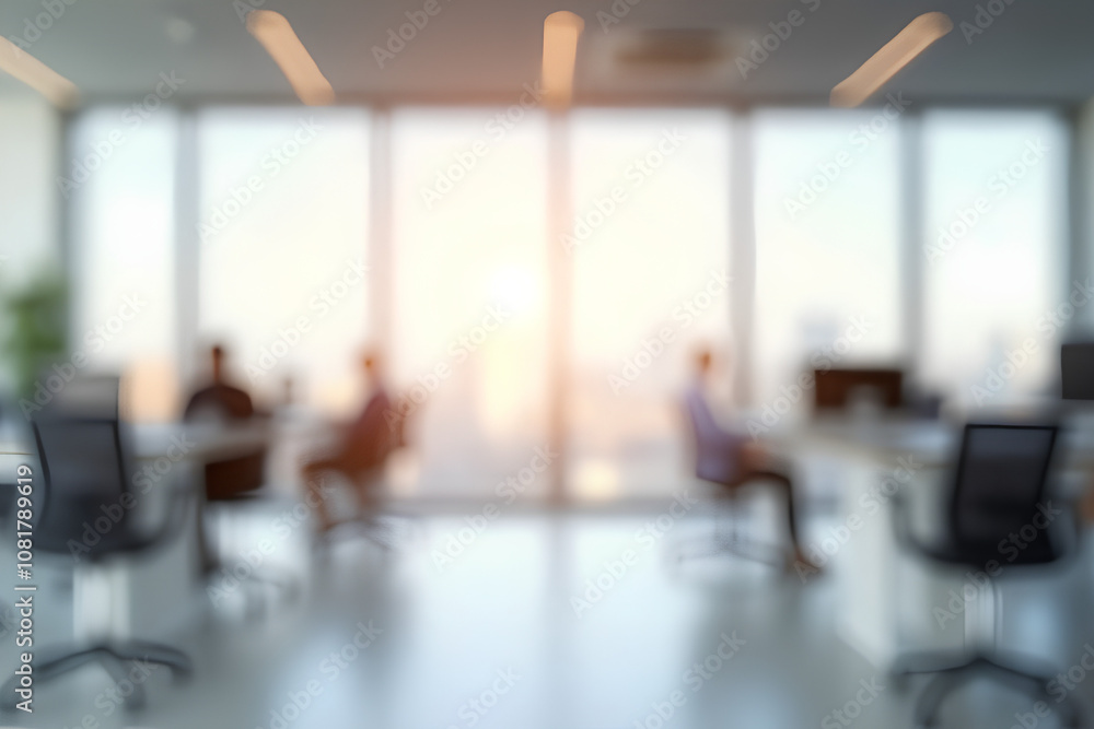 Beautiful blurred background of a light modern office interior with panoramic windows and beautiful lighting. Beautiful blurred background of a light modern office interior with panoramic windows and beautiful lighting.