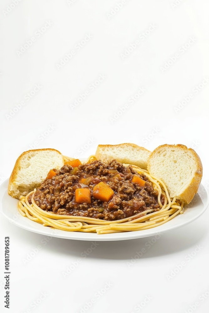 Spaghetti and meatballs with bread on a white plate. Spaghetti and meatballs with bread on a white plate.