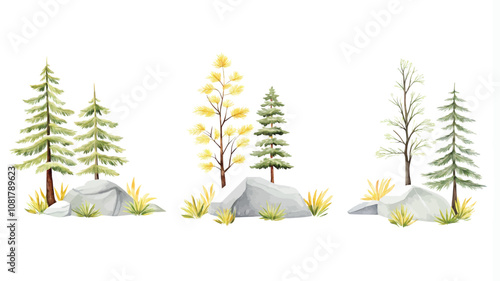 Set of cartoon pine trees isolated on white background. Vector illustration.