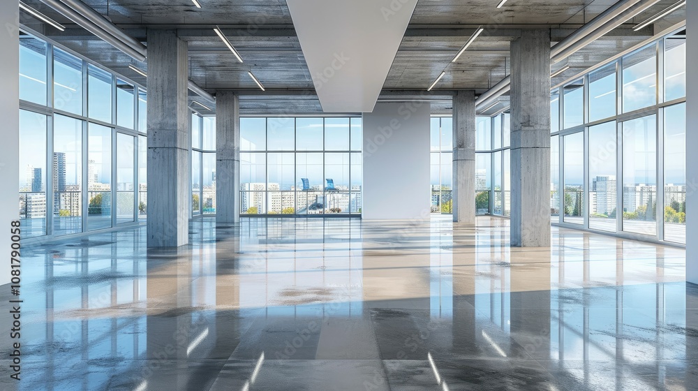 Empty office space with a minimalist design and large windows Empty office space with a minimalist design and large windows