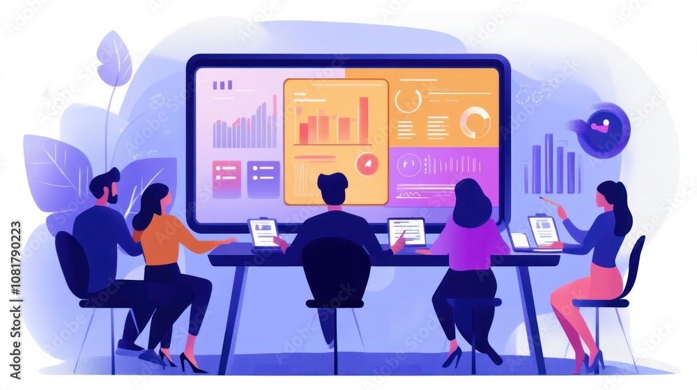 A team of four people are gathered around a large screen displaying data charts and graphs, analyzing and discussing the information. They are working together to make decisions based on the data. A team of four people are gathered around a large screen displaying data charts and graphs, analyzing and discussing the information. They are working together to make decisions based on the data.