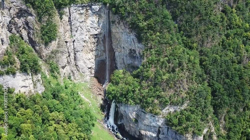 Aerial view of the waterfall The Seerenbach Falls (Seebachfälle), in Amden, Switzerland. photo