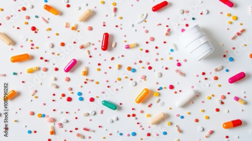 Multicolored Pills and Tablets Scattered Around a White Pill Bottle