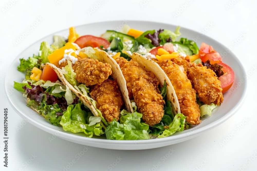 Fried chicken tacos with salad on white plate. Fried chicken tacos with salad on white plate.