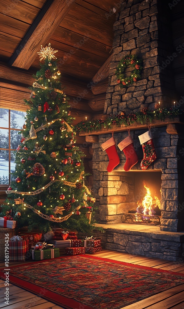 Fototapeta premium cozy and festive Christmas scene inside a rustic log cabin. A beautifully decorated Christmas tree stands tall in the corner