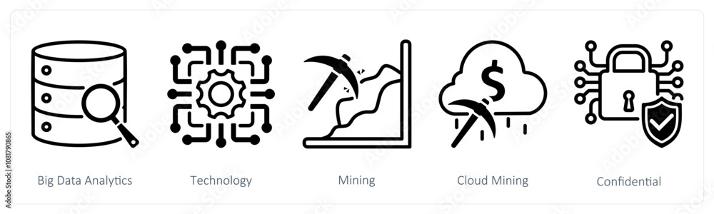 A set of 5 blockchain icons as big data analytics, technology, mining A set of 5 blockchain icons as big data analytics, technology, mining