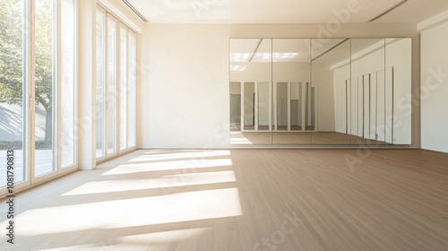 A modern dance studio with wooden floors and mirrored walls, well-lit with natural sunlight streaming in, Minimalist style