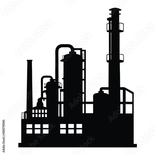 A large industrial plant with a tall smokestack. The plant is black and white. The smokestack is tall and has a chimney