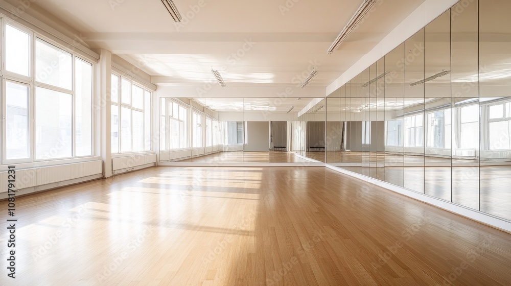 A modern dance studio with wooden floors and mirrored walls, well-lit with natural sunlight streaming in, Minimalist style A modern dance studio with wooden floors and mirrored walls, well-lit with natural sunlight streaming in, Minimalist style