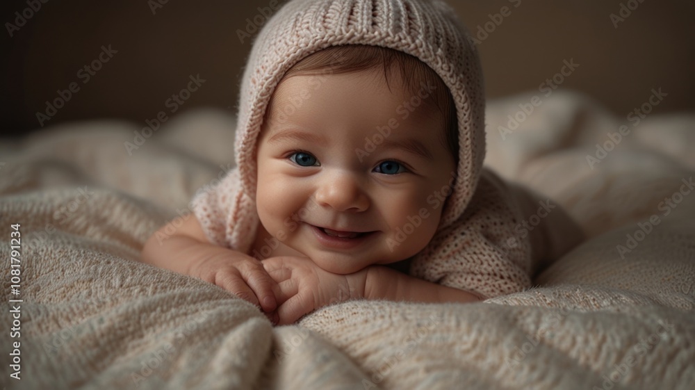Smile newborn baby in bed Smile newborn baby in bed
