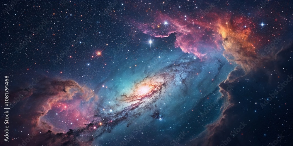 Obraz premium Aerial View of a Cosmic Nebula with Shimmering Stars in the Night Sky, Perfect as a Space Background for Banners and Digital Designs