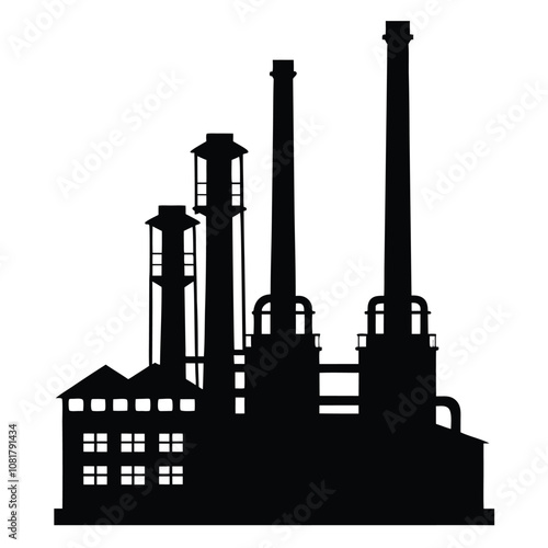 A large industrial plant with a tall smokestack. The plant is black and white. The smokestack is tall and has a chimney