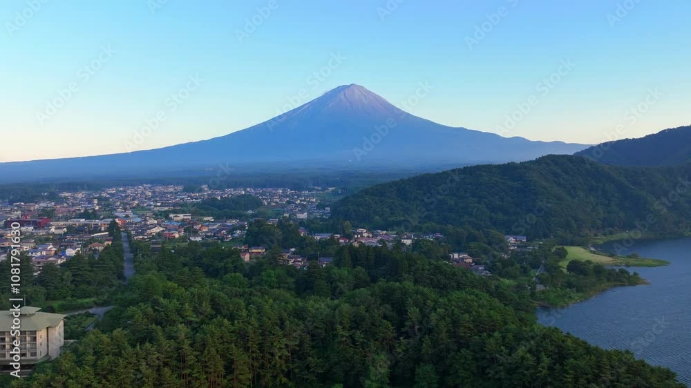 Hyperlapse drone shot of Fujikawaguchiko and Mt Fuji, summer evening in Japan Hyperlapse drone shot of Fujikawaguchiko and Mt Fuji, summer evening in Japan