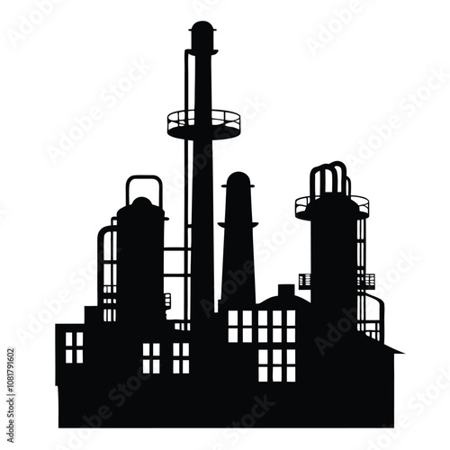 A large industrial plant with a tall smokestack. The plant is black and white. The smokestack is tall and has a chimney