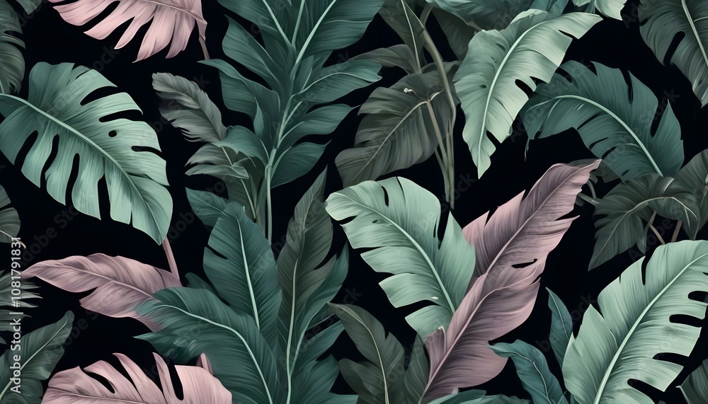 Patrón exótico de lujo tropical sin costuras. Hojas de plátano de colores pastel, palma. Ilustración 3D vintage dibujada a mano. Diseño de fondo oscuro y glamoroso. Bueno para papeles pintados, tapic
Patrón exótico de lujo tropical sin costuras. Hojas de plátano de colores pastel, palma. Ilustración 3D vintage dibujada a mano. Diseño de fondo oscuro y glamoroso. Bueno para papeles pintados, tapic
