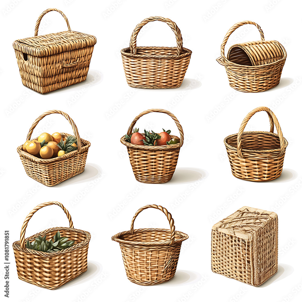 Various woven wicker baskets displayed artistically showcasing different shapes, sizes, and decorative patterns in a clean layout Various woven wicker baskets displayed artistically showcasing different shapes, sizes, and decorative patterns in a clean layout