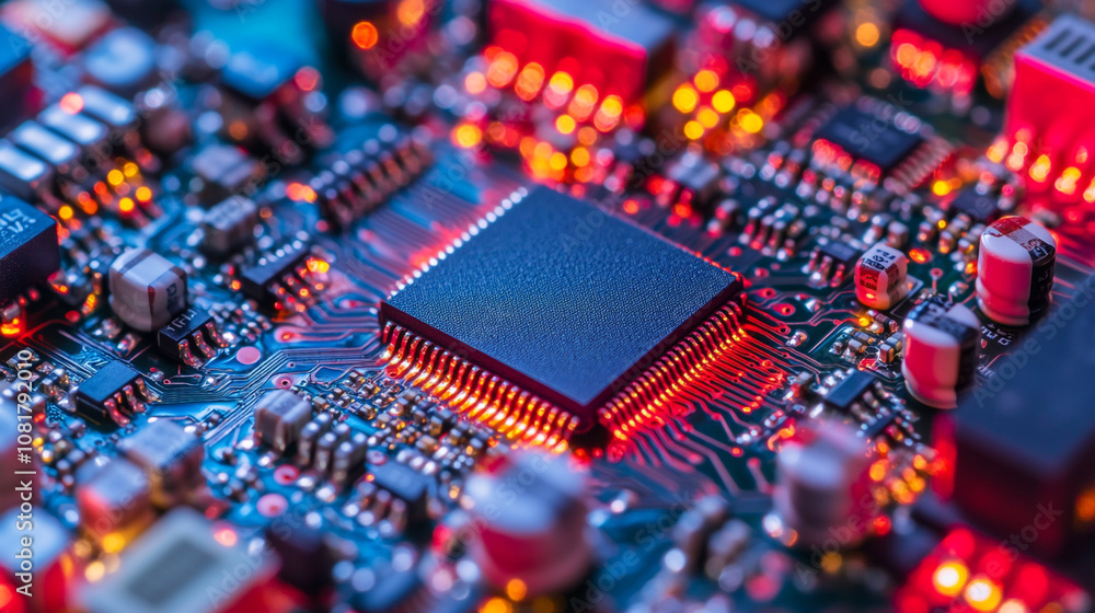 Detailed close-up of a microchip on a circuit board illuminated with colorful lights at night Detailed close-up of a microchip on a circuit board illuminated with colorful lights at night