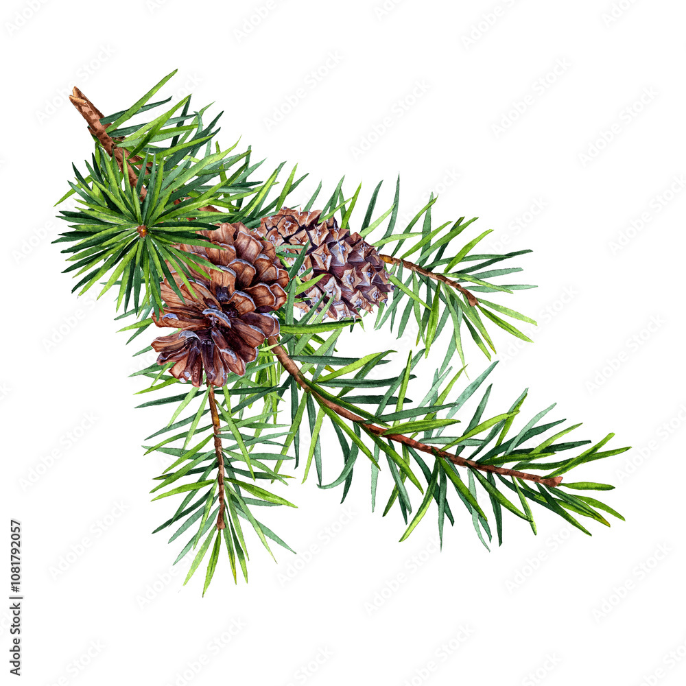 Fototapeta premium Hand drawn watercolor detailed fir cones on the little fir branch