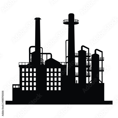 A large industrial plant with a tall smokestack. The plant is black and white. The smokestack is tall and has a chimney