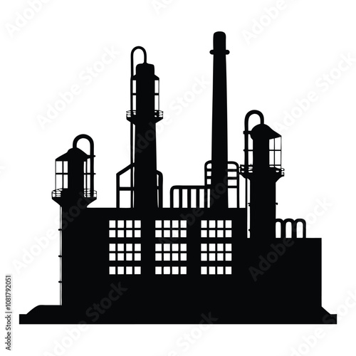 A large industrial plant with a tall smokestack. The plant is black and white. The smokestack is tall and has a chimney