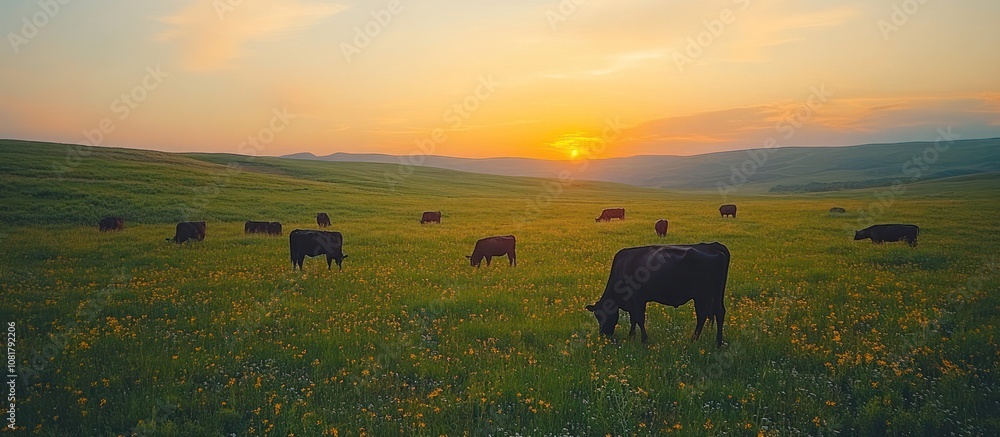 custom made wallpaper toronto digitalCows graze in a lush green field at sunset, with rolling hills and a warm golden sky in the background.