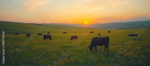 Wallpaper Mural Cows graze in a lush green field at sunset, with rolling hills and a warm golden sky in the background. Torontodigital.ca