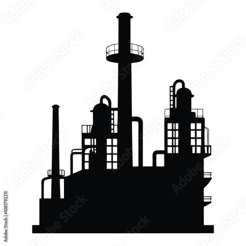 A large industrial plant with a tall smokestack. The plant is black and white. The smokestack is tall and has a chimney