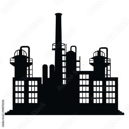 A large industrial plant with a tall smokestack. The plant is black and white. The smokestack is tall and has a chimney