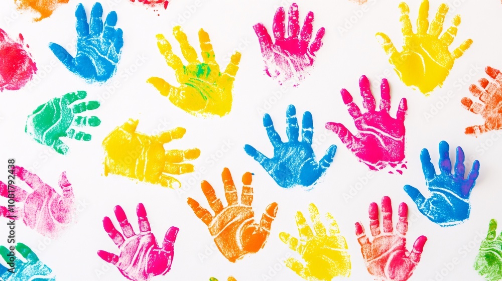 Fototapeta premium 32.A joyful collection of kidsâ€™ handprints in vibrant colors scattered across a white background. The handprints are accompanied by playful doodles and scribbles, evoking a sense of fun and