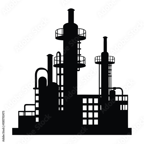 A large industrial plant with a tall smokestack. The plant is black and white. The smokestack is tall and has a chimney
