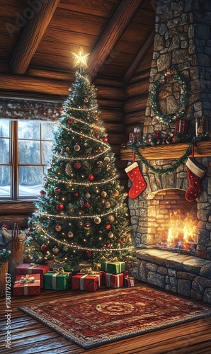 cozy and festive Christmas scene inside a rustic log cabin. A beautifully decorated Christmas tree stands tall in the corner