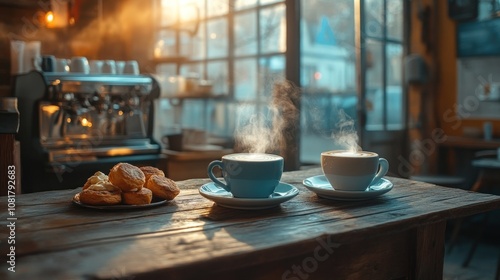 Two steaming cups of coffee on a wooden table in a cafe with pastries.