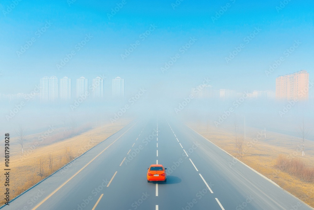 Fototapeta premium Car driving through foggy road urban landscape photography misty environment aerial view journey concept
