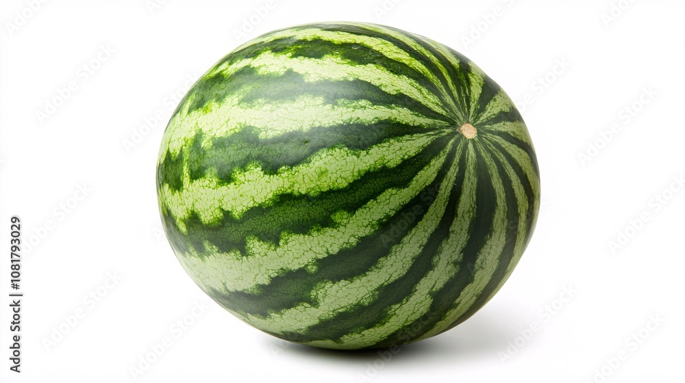 43.A large, perfectly round watermelon with a deep green rind and light green streaks, displayed against a pure white background. The fruit’s bold colors stand out in sharp contrast to the simple 43.A large, perfectly round watermelon with a deep green rind and light green streaks, displayed against a pure white background. The fruit’s bold colors stand out in sharp contrast to the simple