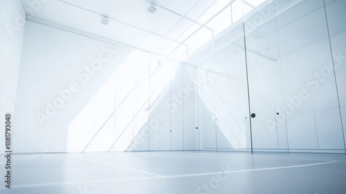 A modern indoor racquetball court with white walls, clear glass back wall, and bright lighting