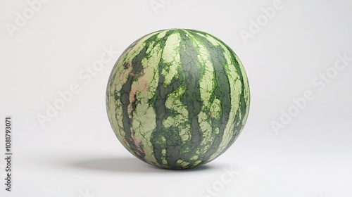 43.A large, perfectly round watermelon with a deep green rind and light green streaks, displayed against a pure white background. The fruitâ€™s bold colors stand out in sharp contrast to the simple photo