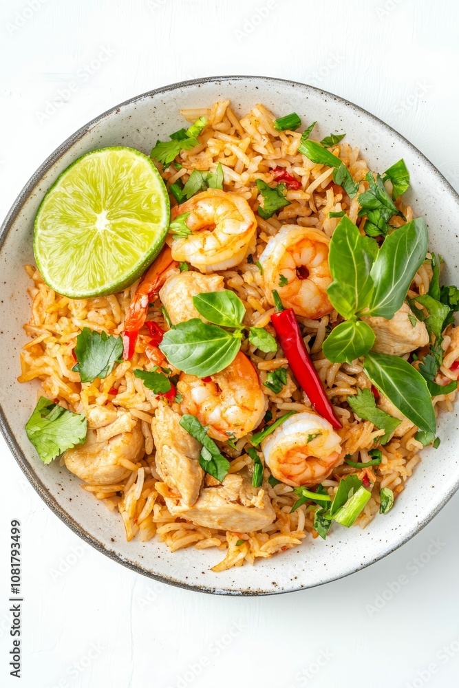 Shrimp, chicken, and rice in a bowl with lime. Shrimp, chicken, and rice in a bowl with lime.