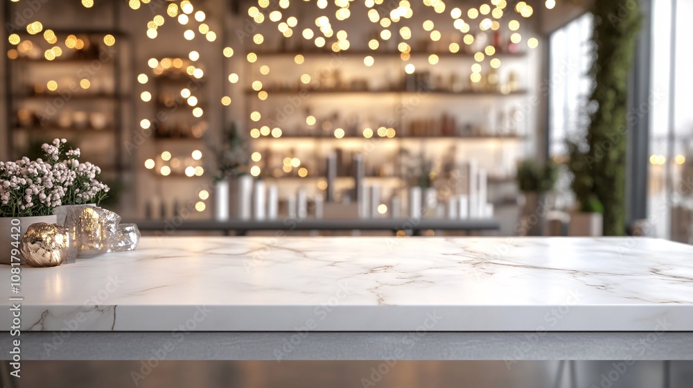 65.A wide, white marble table is centered in the image, with a softly blurred store background filled with warm bokeh lights. The surface is smooth and ready for product display, creating an elegant 65.A wide, white marble table is centered in the image, with a softly blurred store background filled with warm bokeh lights. The surface is smooth and ready for product display, creating an elegant
