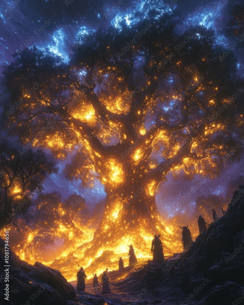 Naklejka premium Mystical Forest with Glowing Tree and Spirits