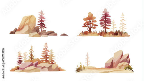Set of watercolor mountains, rocks, coniferous forest and meadow.