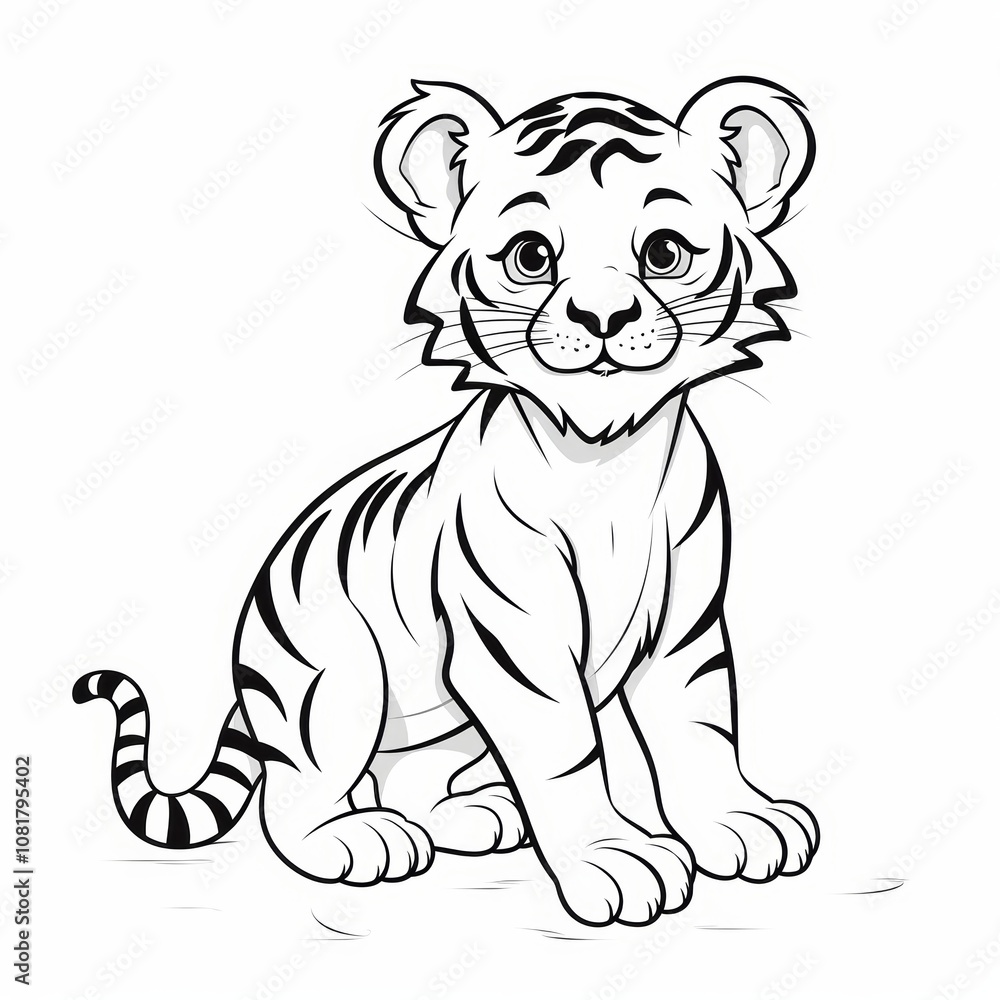 A cute cartoon tiger cub with stripes sitting down. A cute cartoon tiger cub with stripes sitting down.