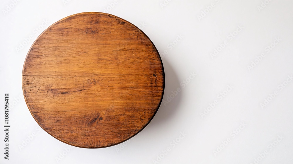 83.A round wooden table, seen from above, positioned against a bright white background. The wood grain is rich and detailed, with the circular shape of the table creating a sense of balance and 83.A round wooden table, seen from above, positioned against a bright white background. The wood grain is rich and detailed, with the circular shape of the table creating a sense of balance and