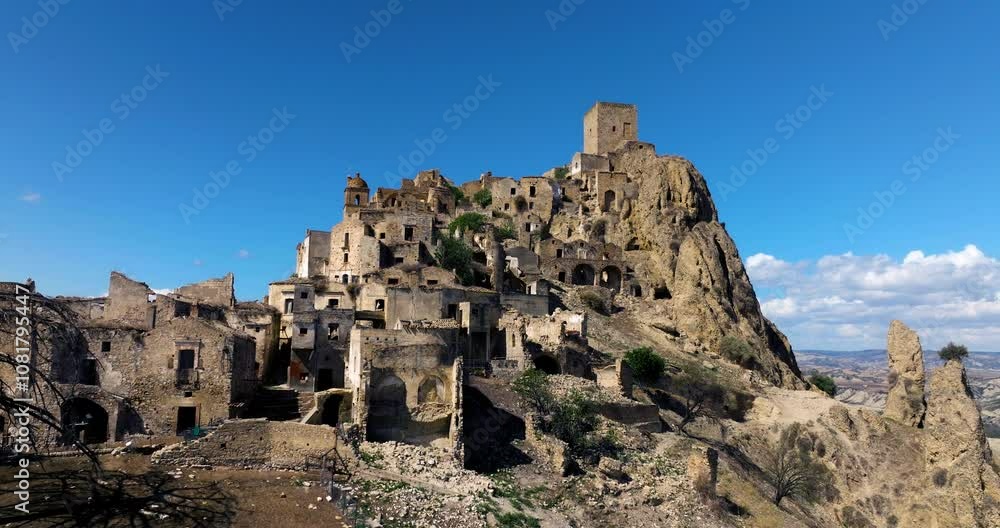 Uninhabited Hill Town With Decaying Buildings At Craco In Matera Province, Basilicata Italy. Aerial Drone Shot Uninhabited Hill Town With Decaying Buildings At Craco In Matera Province, Basilicata Italy. Aerial Drone Shot