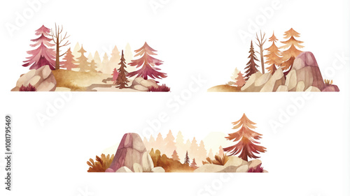 Set of banners with mountains and coniferous trees. Vector illustration