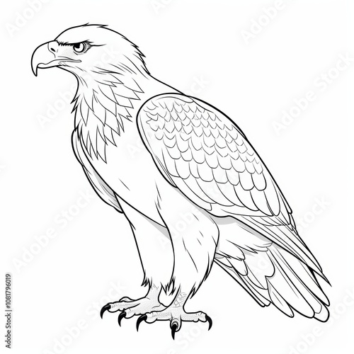 A line drawing of a bald eagle standing facing left with its wings folded, showing its detailed feathers and sharp talons. photo