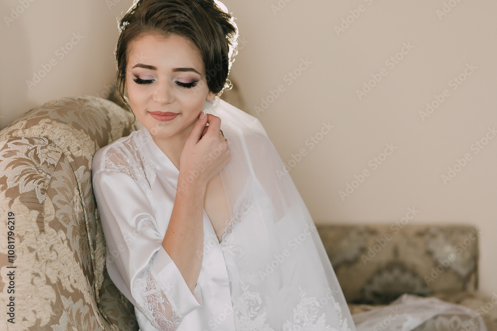 A woman in a white robe sits on a couch, looking at the camera. She is wearing a veil and has her hair in a bun. The scene is intimate and romantic, with the woman posing for a photo A woman in a white robe sits on a couch, looking at the camera. She is wearing a veil and has her hair in a bun. The scene is intimate and romantic, with the woman posing for a photo