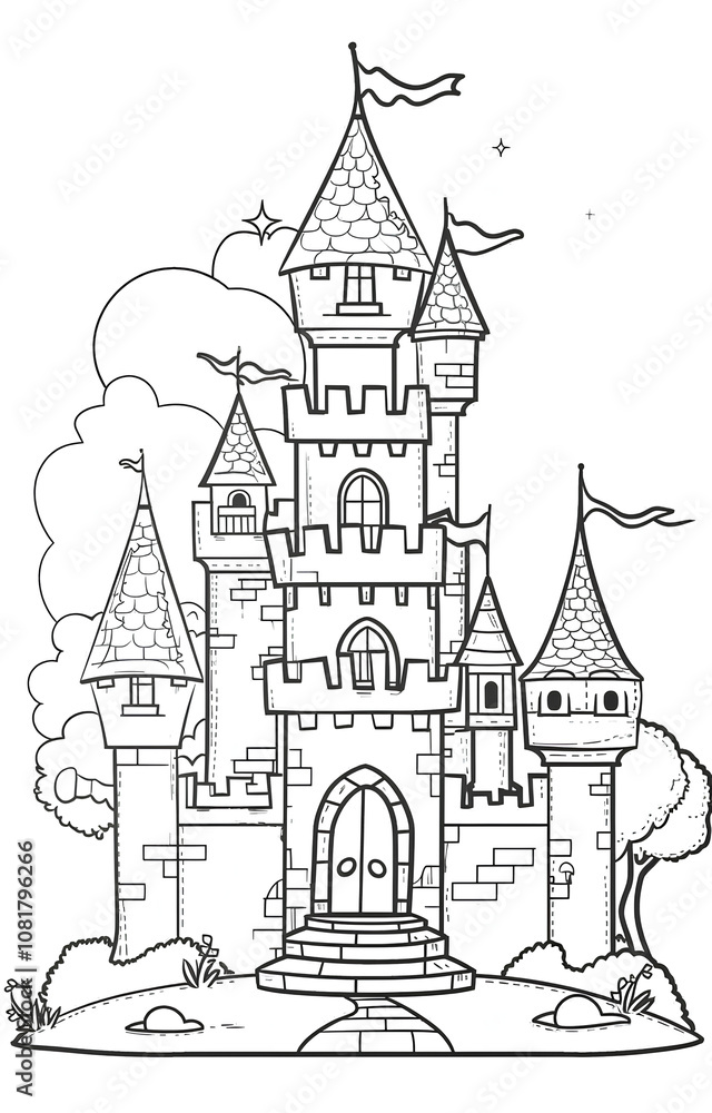 A Charming Black and White Illustration of a Majestic Medieval Castle with Towering Walls, Intricate Details, and a Grand Entrance, Set Against a Simple Sky with Stars A Charming Black and White Illustration of a Majestic Medieval Castle with Towering Walls, Intricate Details, and a Grand Entrance, Set Against a Simple Sky with Stars