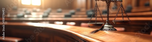 A detailed view of a courtroom with focused lighting highlighting justice scales on a wooden table.