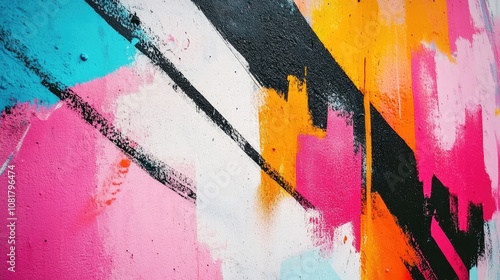 Vibrant abstract graffiti decorates the wall with bold colors. This colorful graffiti artwork creates an eye-catching focal point, ideal for creative projects with plenty of copy space.